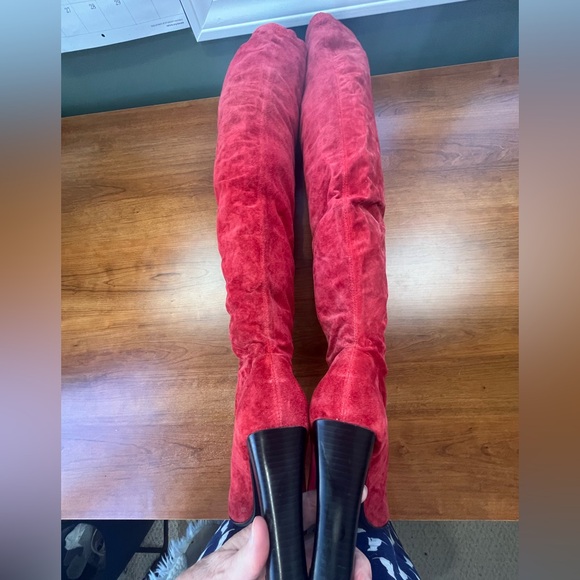 Red Suede Leather Thigh High Heeled Boots Size 9 - Picture 9 of 14